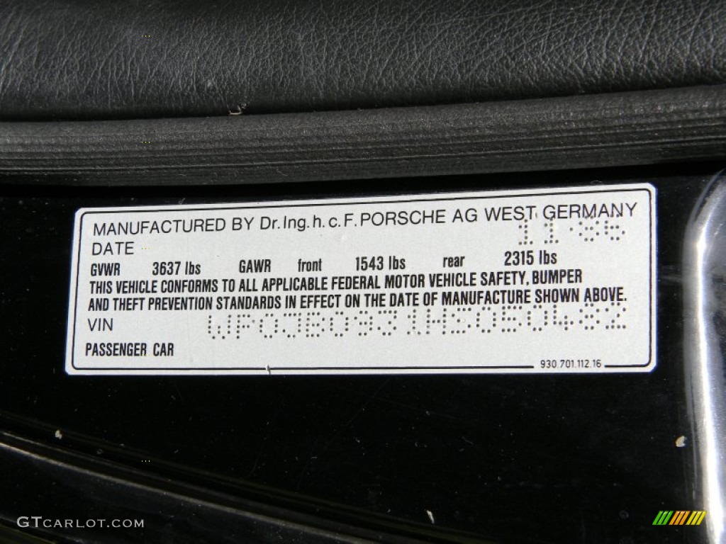 1987 Porsche 911 Turbo Coupe Info Tag Photo #84052007