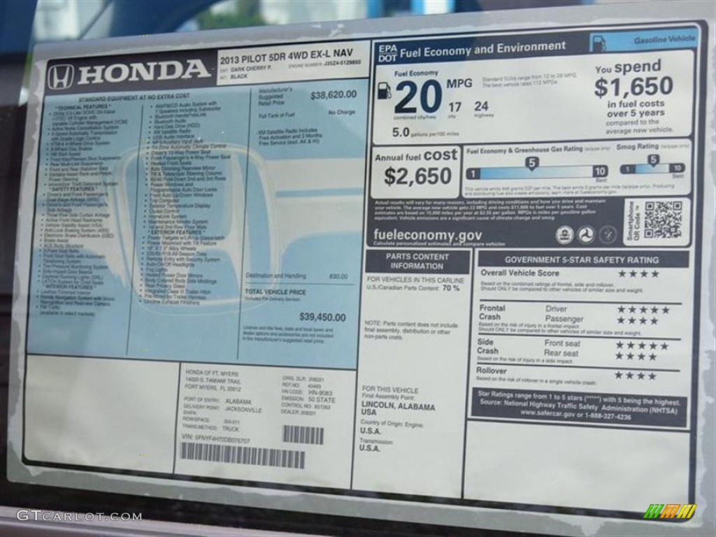 2013 Honda Pilot EX-L 4WD Window Sticker Photos