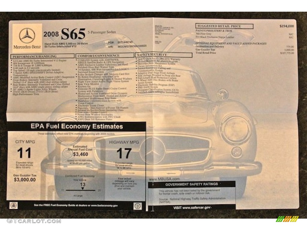 2008 Mercedes-Benz S 65 AMG Sedan Window Sticker Photo #84108431