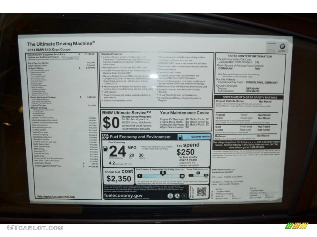 2014 BMW 6 Series 640i Gran Coupe Window Sticker Photo #84133664