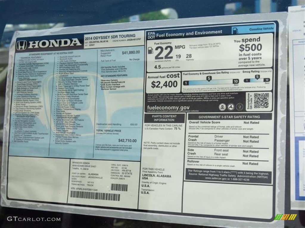 2014 Honda Odyssey Touring Window Sticker Photo #84178138