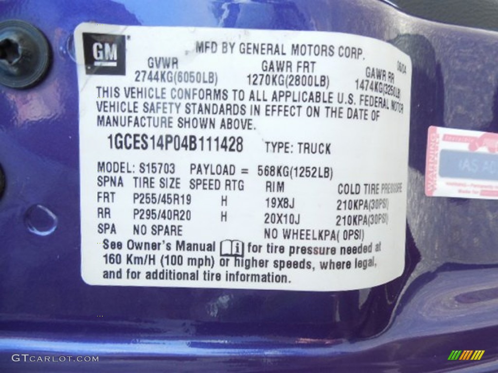 2004 Chevrolet SSR Standard SSR Model Info Tag Photo #84196616