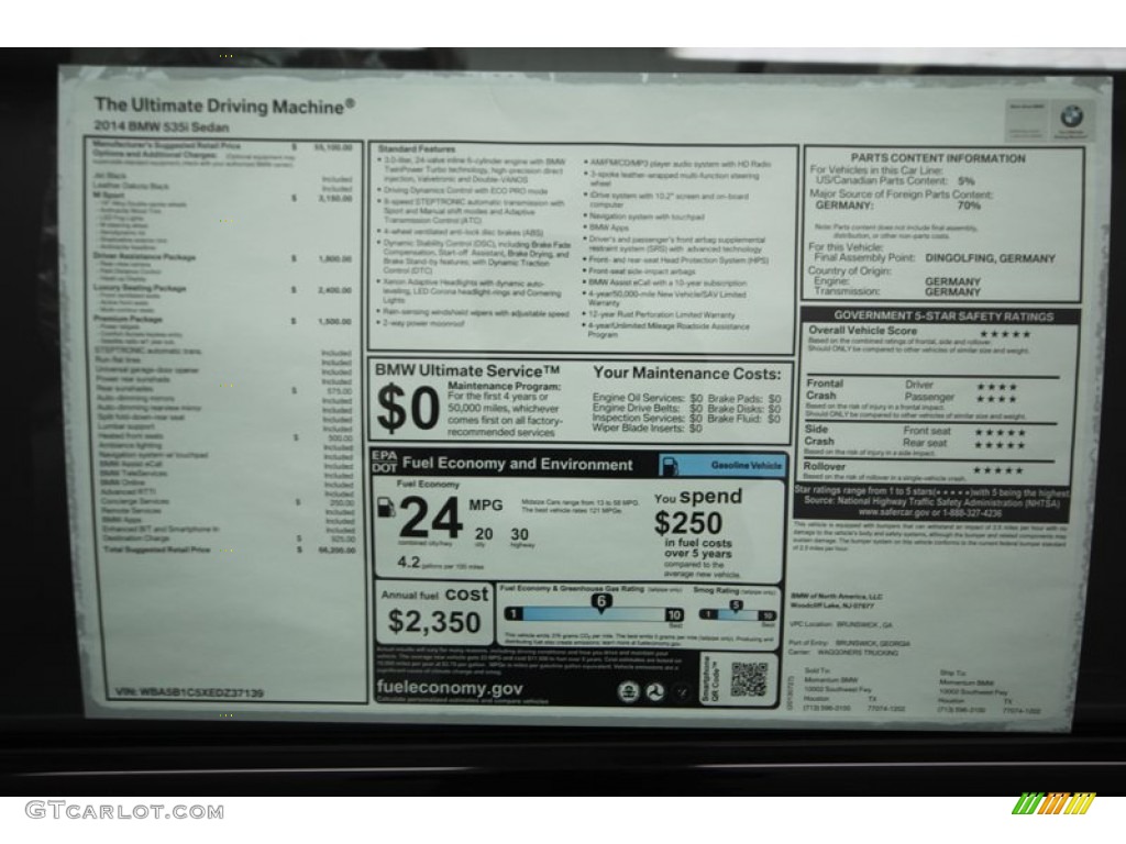 2014 BMW 5 Series 535i Sedan Window Sticker Photo #84222152