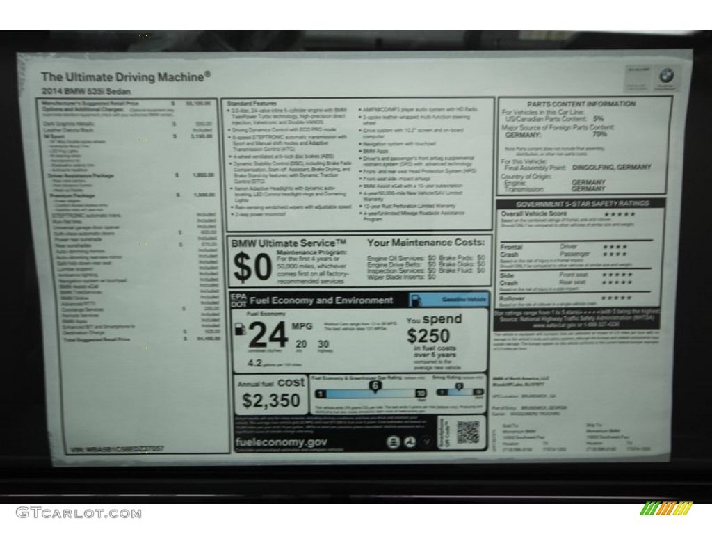 2014 BMW 5 Series 535i Sedan Window Sticker Photo #84223028