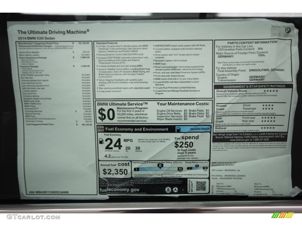 2014 BMW 5 Series 535i Sedan Window Sticker Photo #84225500