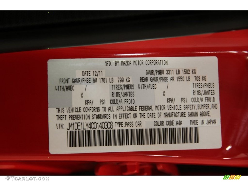2012 MAZDA2 Color Code A4A for True Red Photo #84229490