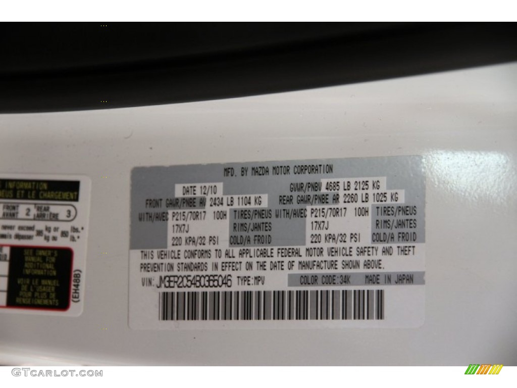 2011 CX-7 Color Code 34K for Crystal White Pearl Mica Photo #84231350