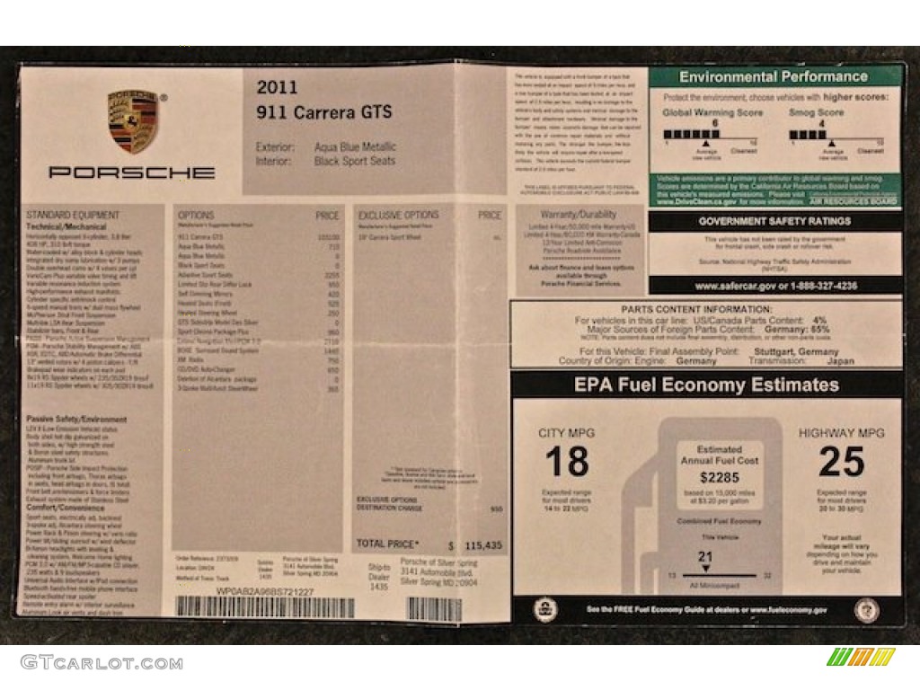 2011 Porsche 911 Carrera GTS Coupe Window Sticker Photo #84233105