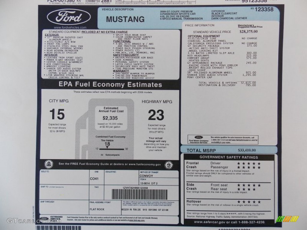 2009 Ford Mustang GT Premium Coupe Window Sticker Photo #84239285