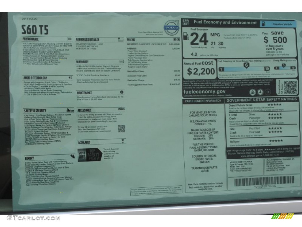 2014 Volvo S60 T5 Window Sticker Photo #84246539