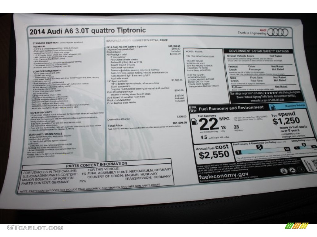 2014 Audi A6 3.0T quattro Sedan Window Sticker Photo #84359244