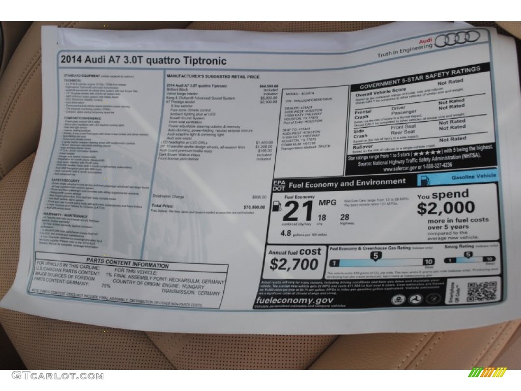 2014 Audi A7 3.0T quattro Prestige Window Sticker Photo #84376974