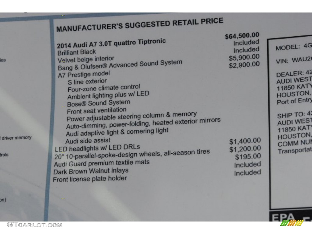 2014 Audi A7 3.0T quattro Prestige Window Sticker Photo #84376989