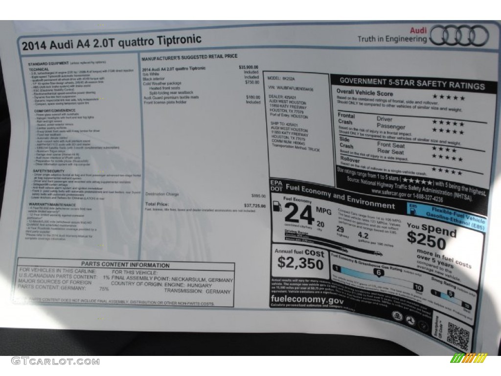 2014 Audi A4 2.0T quattro Sedan Window Sticker Photo #84379995