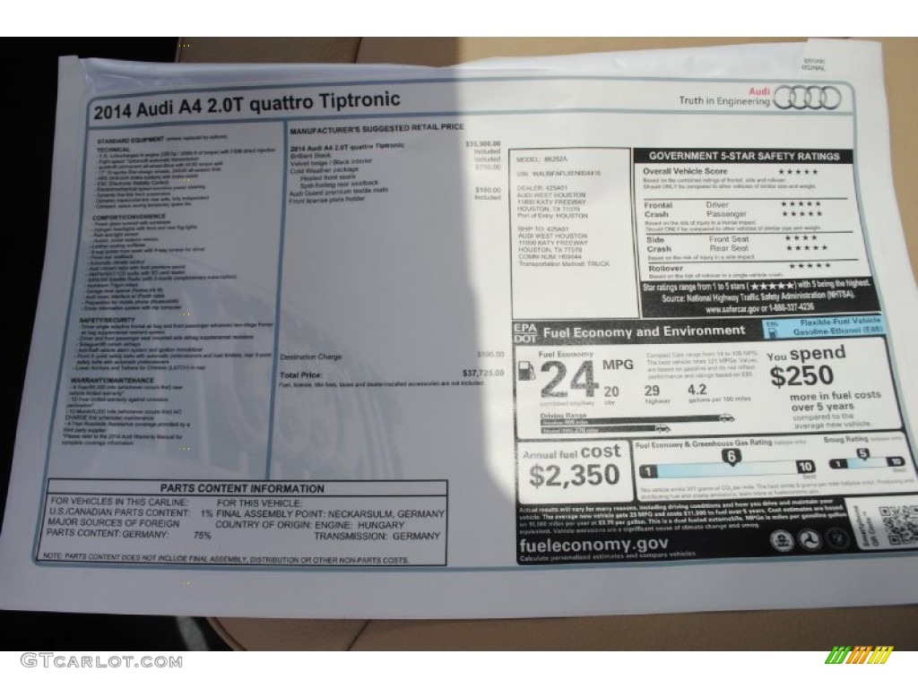 2014 Audi A4 2.0T quattro Sedan Window Sticker Photo #84380592
