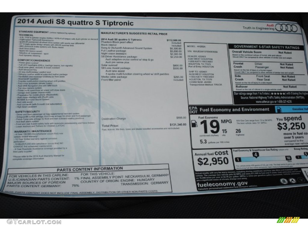 2014 Audi S8 quattro S Window Sticker Photo #84383313