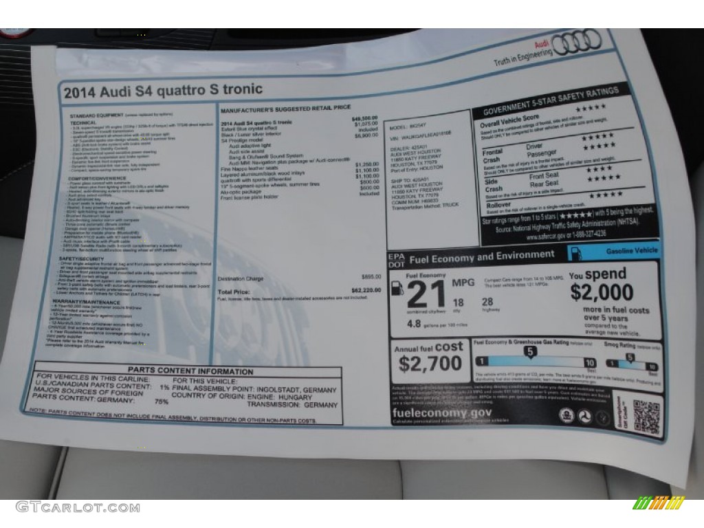 2014 Audi S4 Prestige 3.0 TFSI quattro Window Sticker Photo #84386763