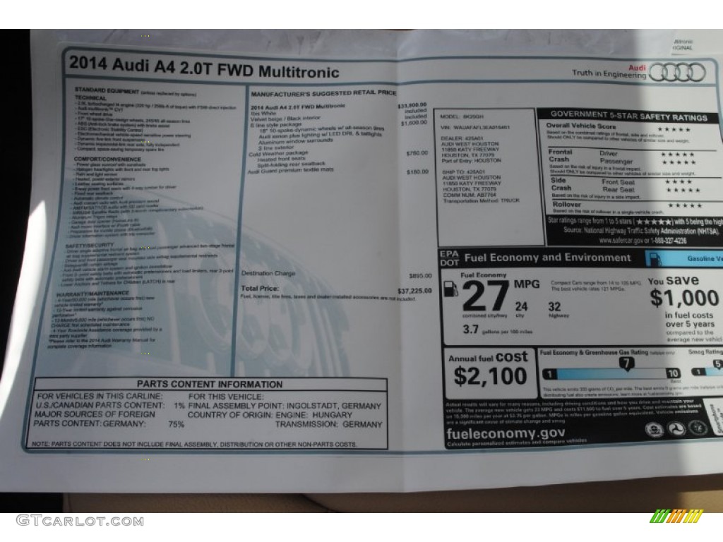 2014 Audi A4 2.0T Sedan Window Sticker Photo #84387671