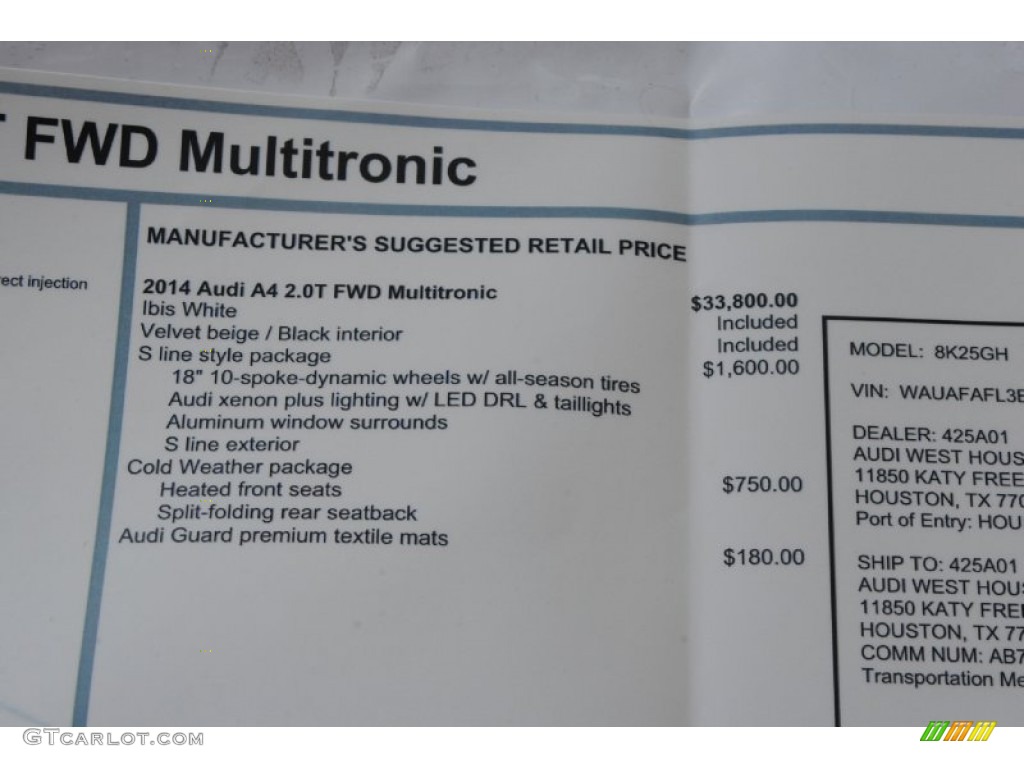 2014 Audi A4 2.0T Sedan Window Sticker Photo #84387696