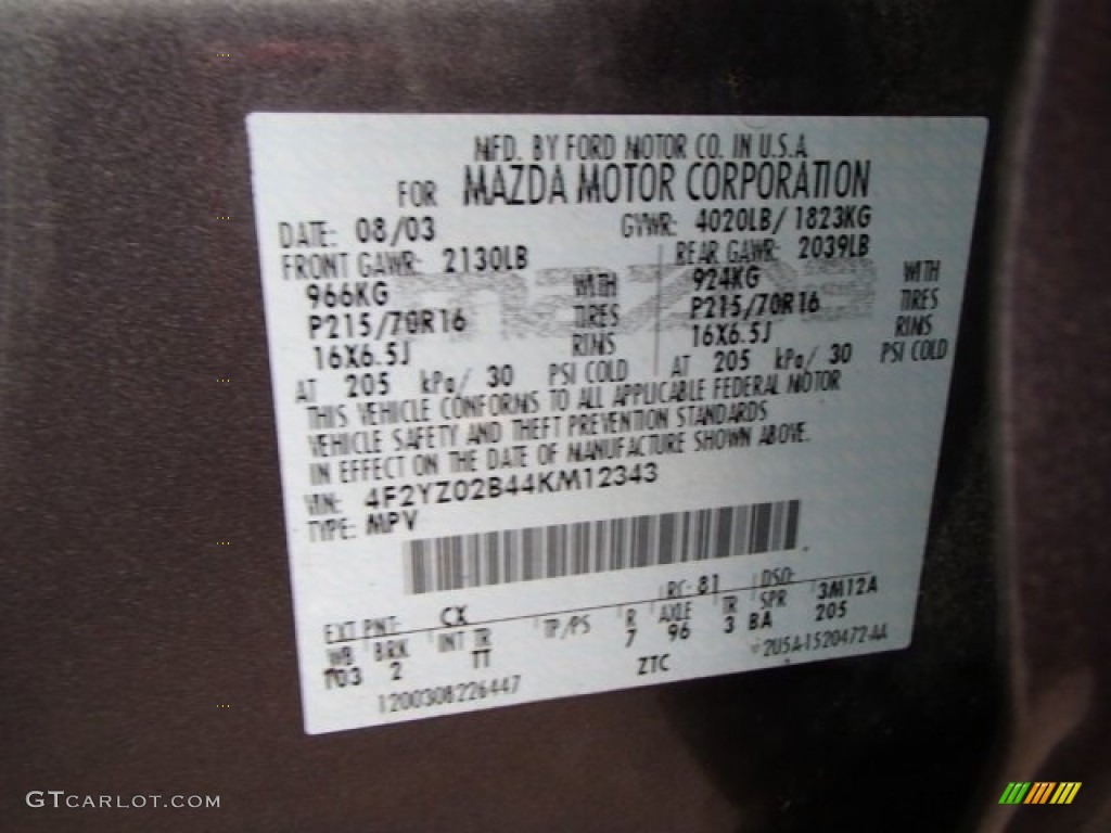 2004 Mazda Tribute DX Color Code Photos