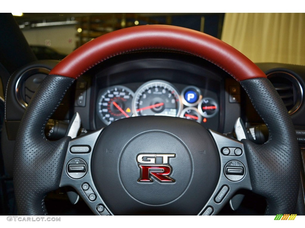 2014 Nissan GT-R Premium Red Amber Semi-Aniline Leather Steering Wheel Photo #84394605
