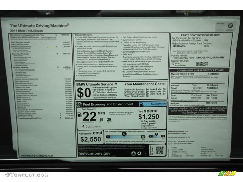 2014 BMW 7 Series 740Li Sedan Window Sticker Photo #84403008