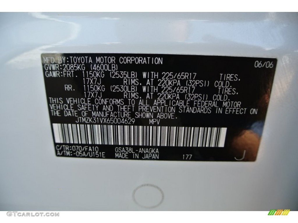 2006 RAV4 Color Code 070 for Blizzard White Pearl Photo #84410042