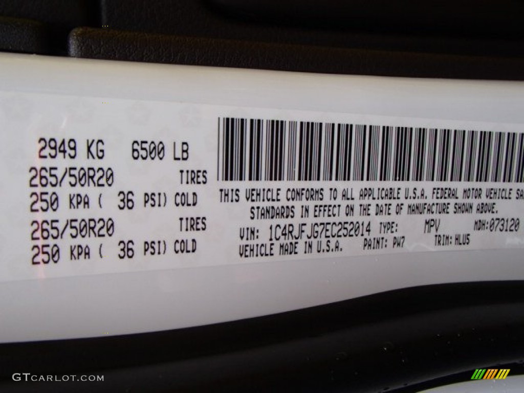 2014 Grand Cherokee Color Code PW7 for Bright White Photo #84433412