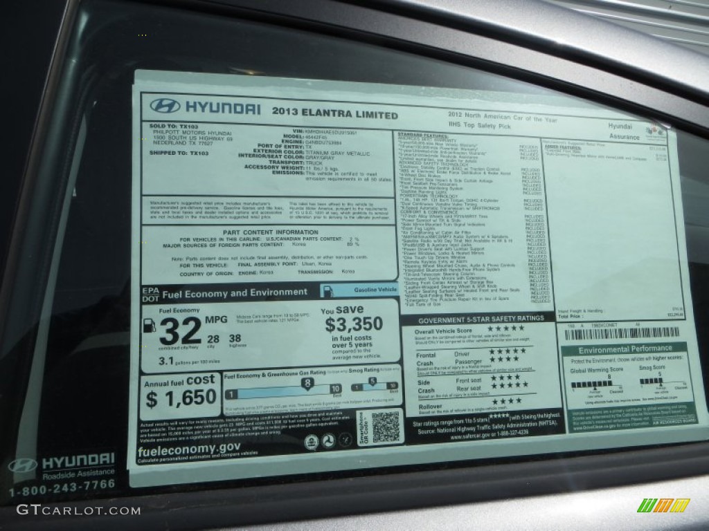2013 Elantra Limited - Titanium Gray Metallic / Gray photo #35