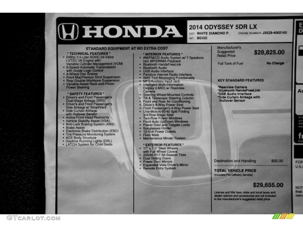 2014 Honda Odyssey LX Window Sticker Photo #84474578