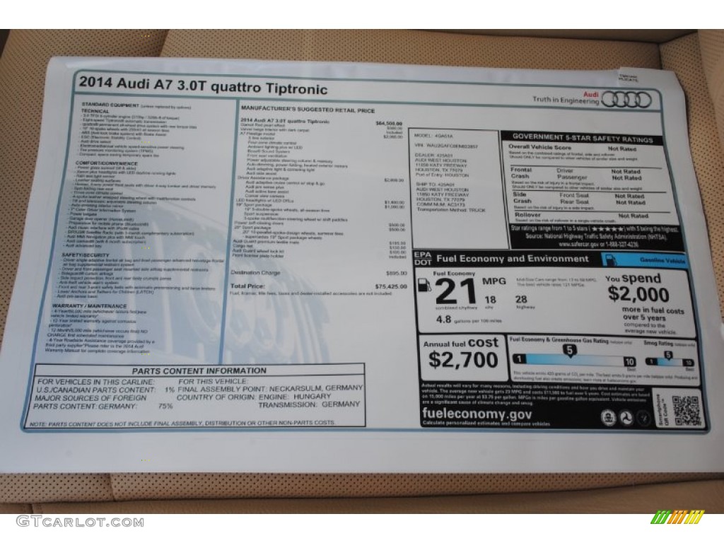 2014 Audi A7 3.0T quattro Prestige Window Sticker Photo #84488655
