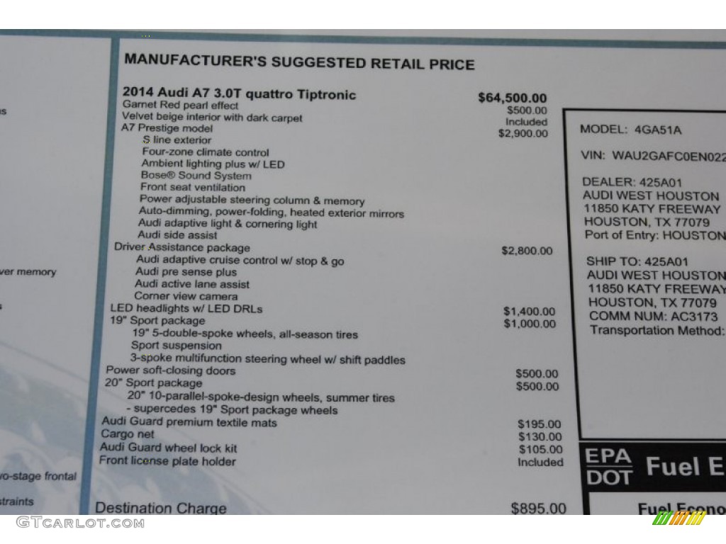2014 Audi A7 3.0T quattro Prestige Window Sticker Photo #84488679