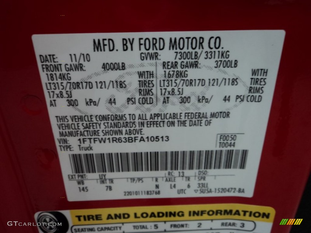 2011 Ford F150 SVT Raptor SuperCrew 4x4 Color Code Photos