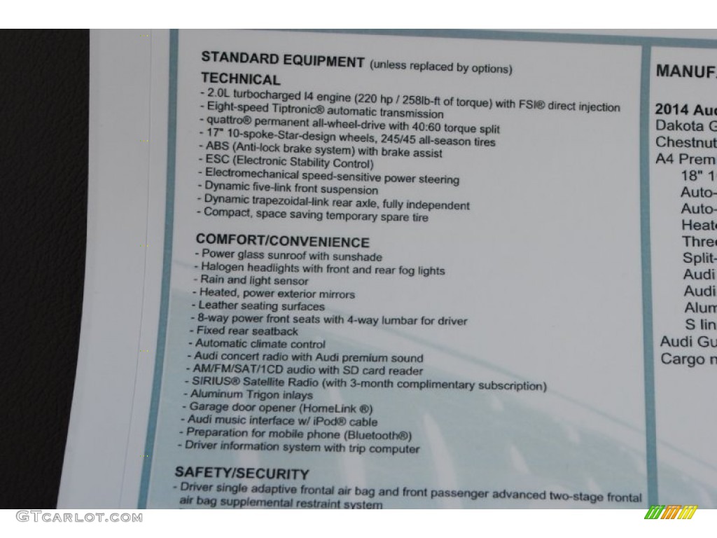 2014 Audi A4 2.0T quattro Sedan Window Sticker Photo #84493647