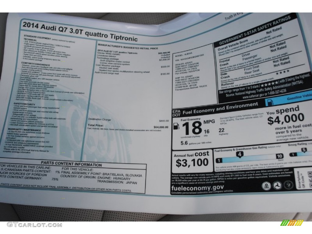 2014 Audi Q7 3.0 TFSI quattro Window Sticker Photo #84497514