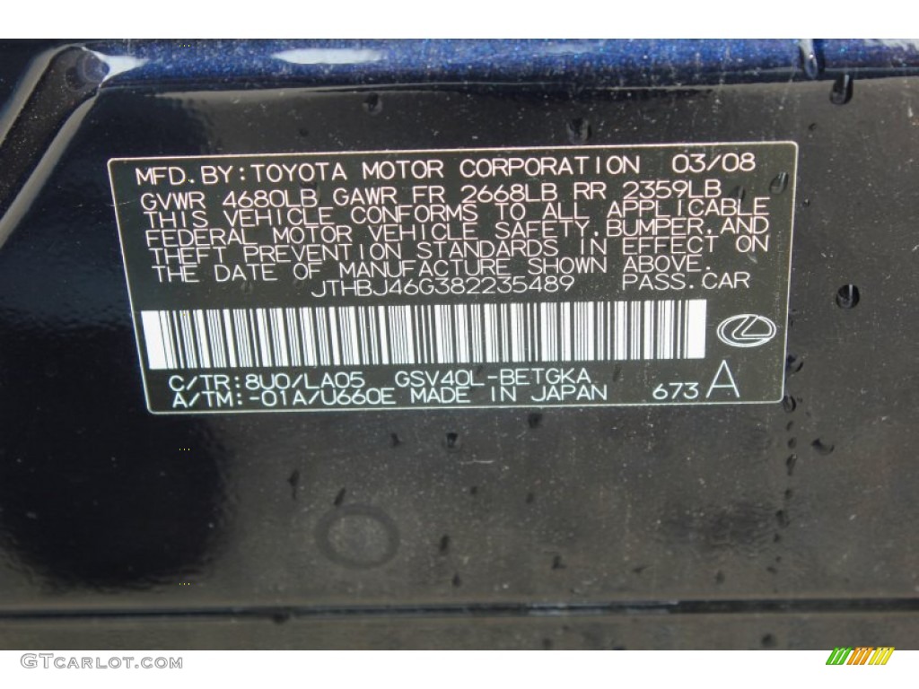 2008 ES Color Code 8U0 for Black Sapphire Pearl Photo #84501504