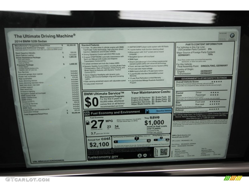 2014 BMW 5 Series 528i Sedan Window Sticker Photo #84522829