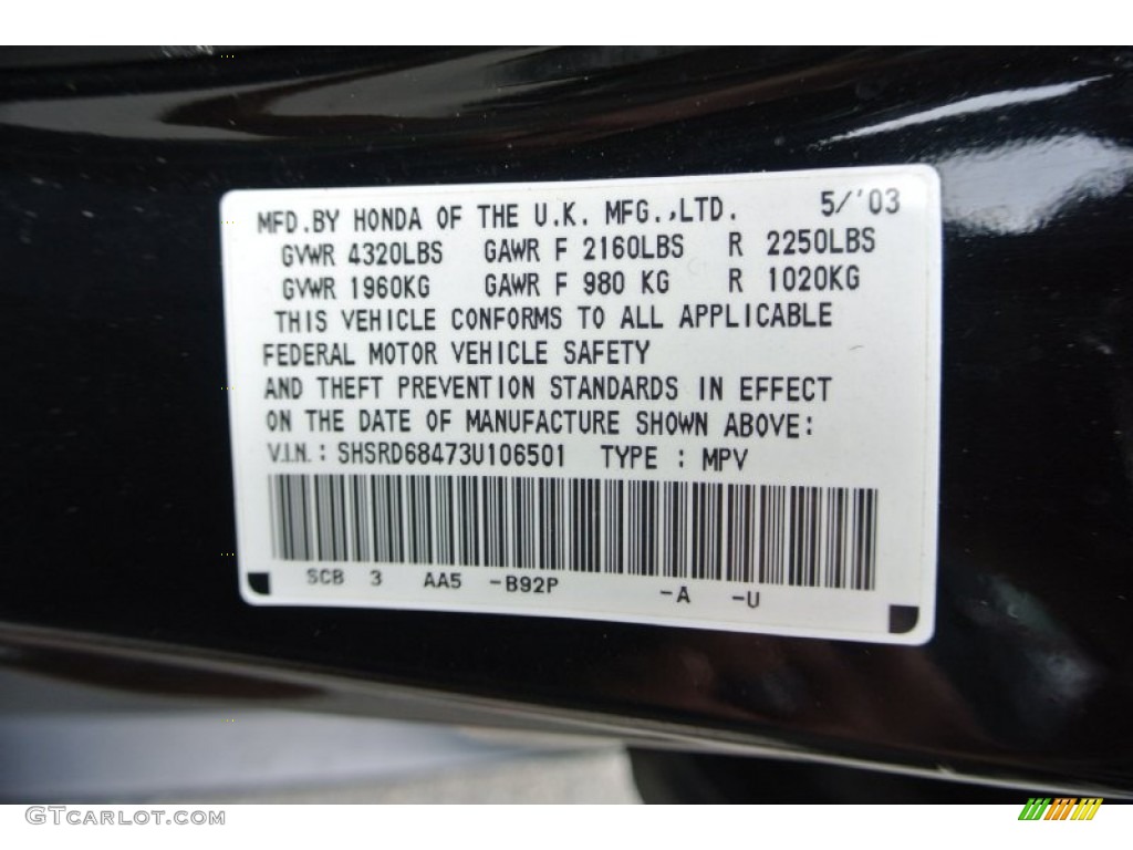 2003 CR-V LX - Nighthawk Black Pearl / Black photo #7