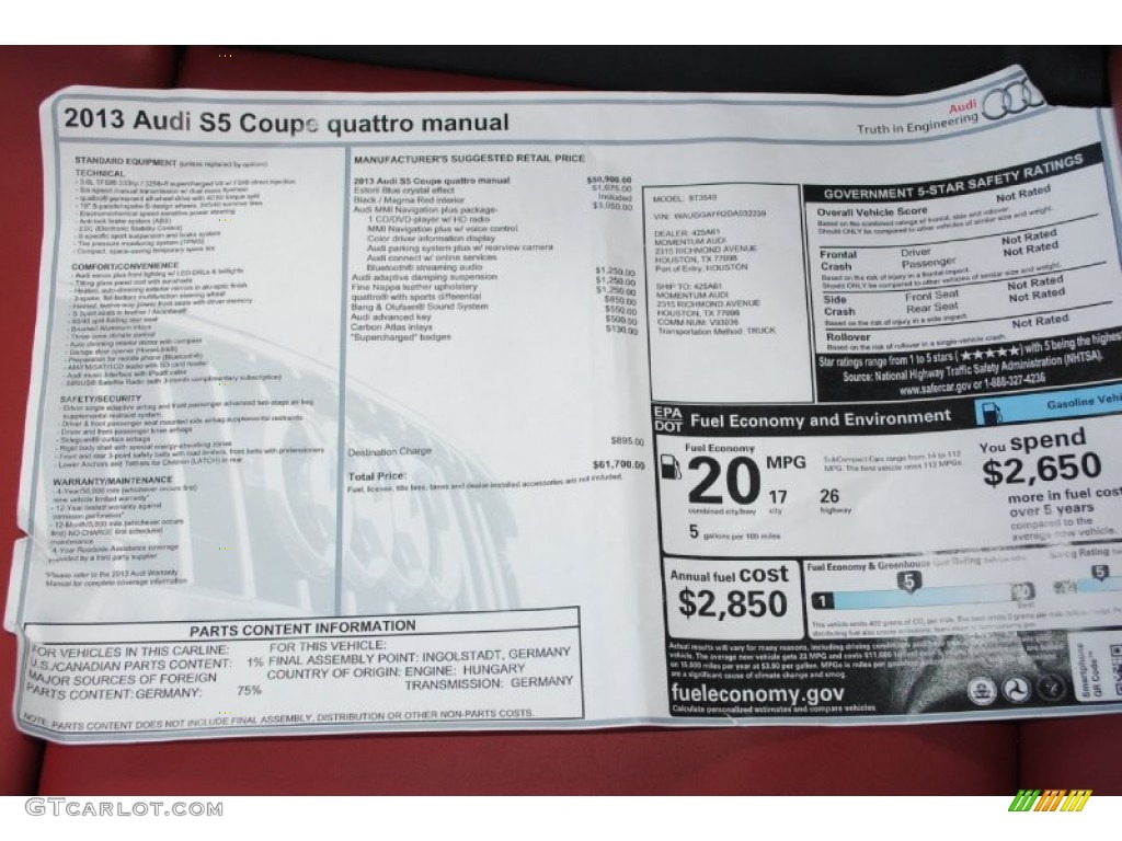 2013 Audi S5 3.0 TFSI quattro Coupe Window Sticker Photo #84550954