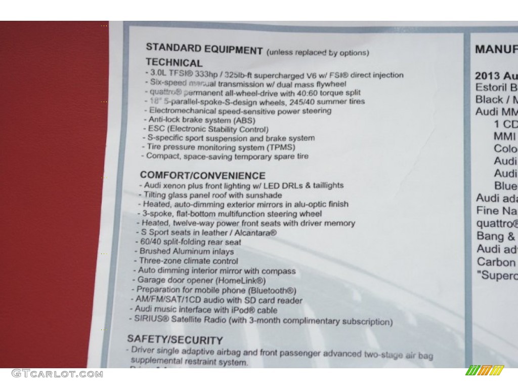 2013 Audi S5 3.0 TFSI quattro Coupe Window Sticker Photo #84550999