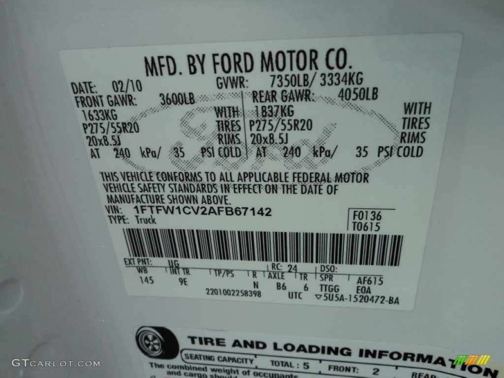 2010 F150 Color Code UG for White Platinum Metallic Tri Coat Photo #84551458