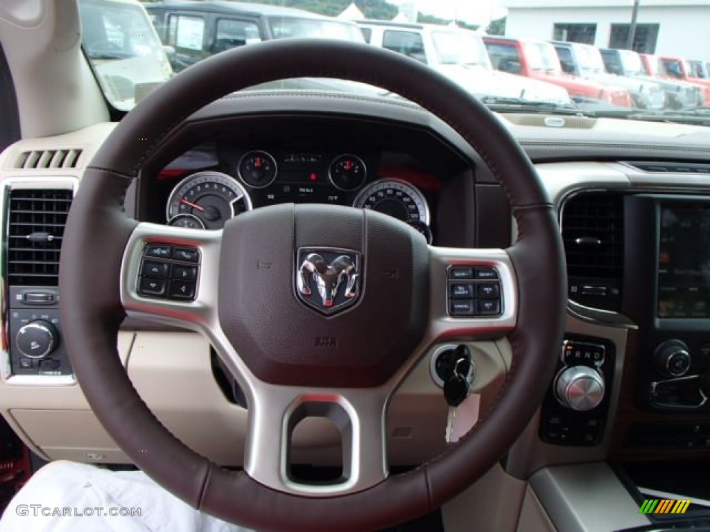 2014 Ram 1500 Laramie Quad Cab 4x4 Canyon Brown/Light Frost Beige Steering Wheel Photo #84590332