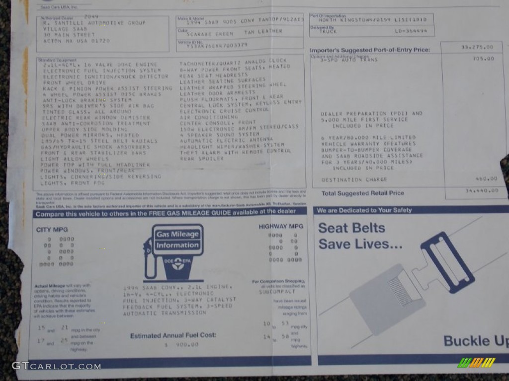 1994 Saab 900 S Convertible Window Sticker Photos