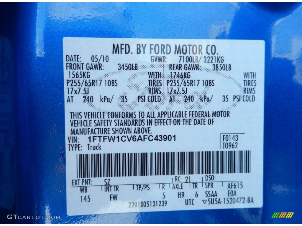 2010 Ford F150 XLT SuperCrew Color Code Photos. 