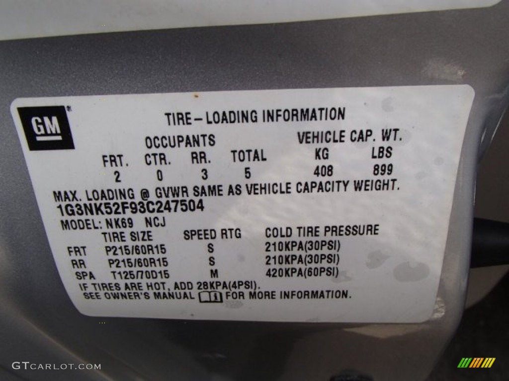 2003 Oldsmobile Alero GX Sedan Info Tag Photos