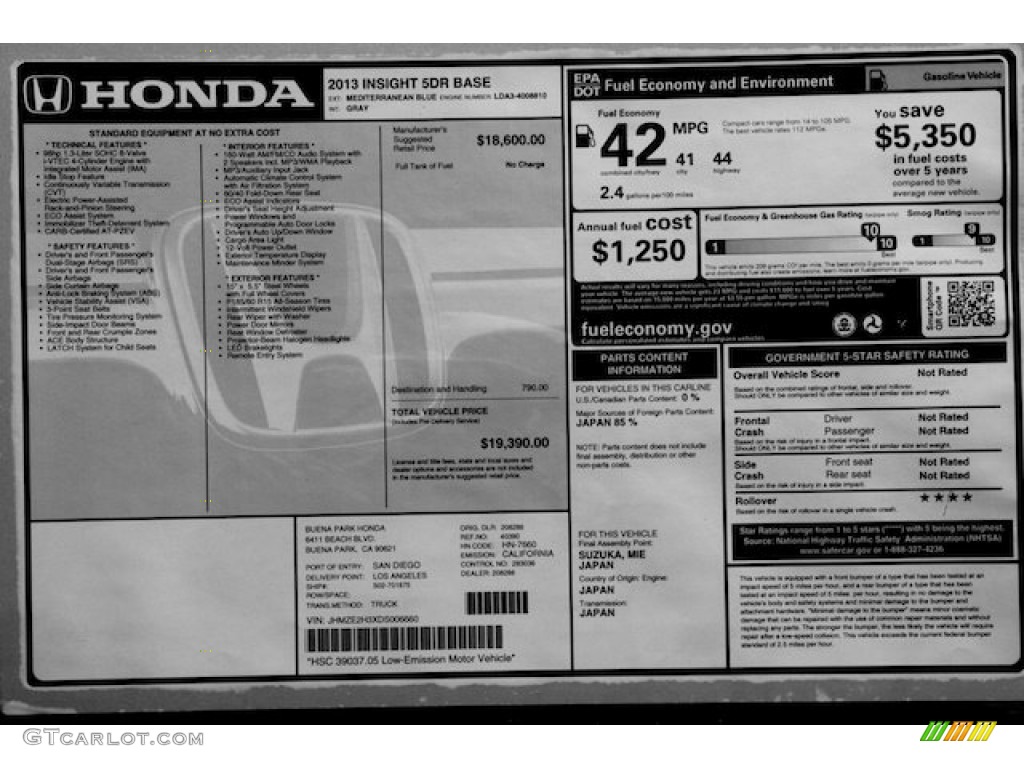 2013 Honda Insight Hybrid Window Sticker Photo #84681791
