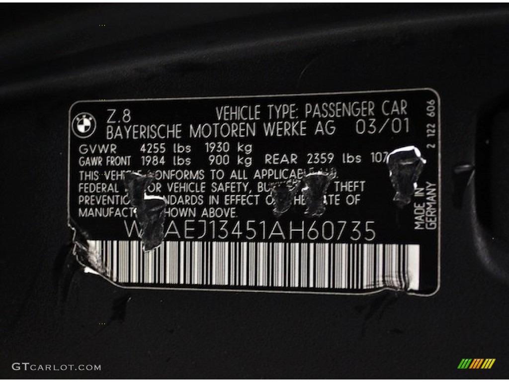 2001 BMW Z8 Roadster Info Tag Photos