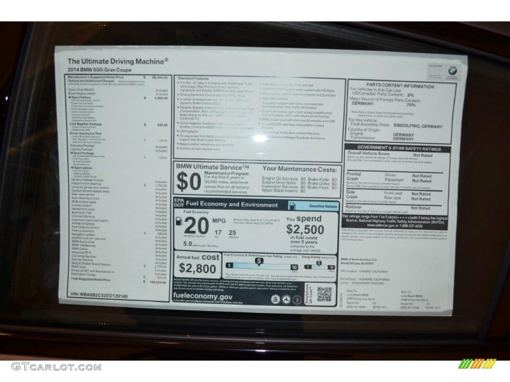 2014 BMW 6 Series 650i Gran Coupe Window Sticker Photo #84759869