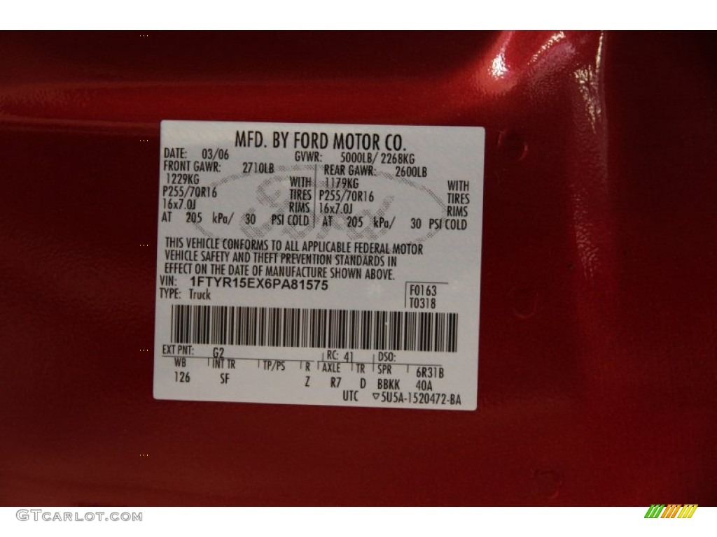 2006 Ranger Color Code G2 for Redfire Metallic Photo #84791783