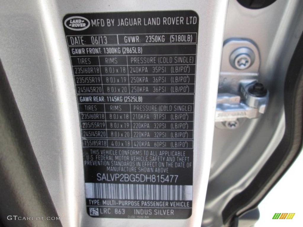2013 Range Rover Evoque Color Code 863 for Indus Silver Metallic Photo #84811134